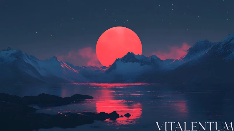 Crimson supermoon rises over icy mountains and silent fjord