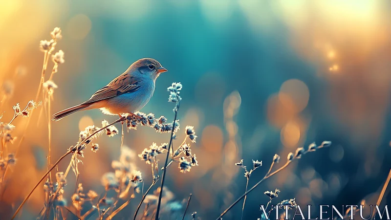 Small bird perched on wildflowers at sunrise, dreamy bokeh style.