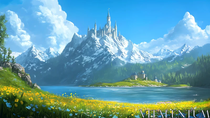 Sky-brushed alpine castle dreaming above wildflower shores.