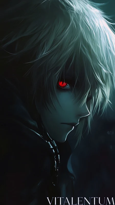 Silver-haired anime antihero glares with a glowing red eye.