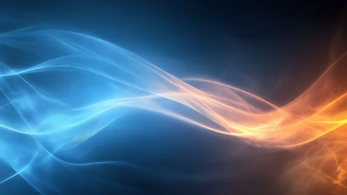 Blue and orange luminescent wave forms on dark gradient background.