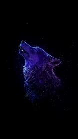 Neon wolf silhouette howls against a glowing starfield night.