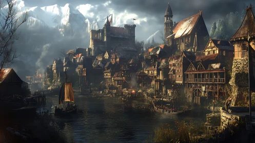 Medieval riverside town beneath overcast mountain landscape.