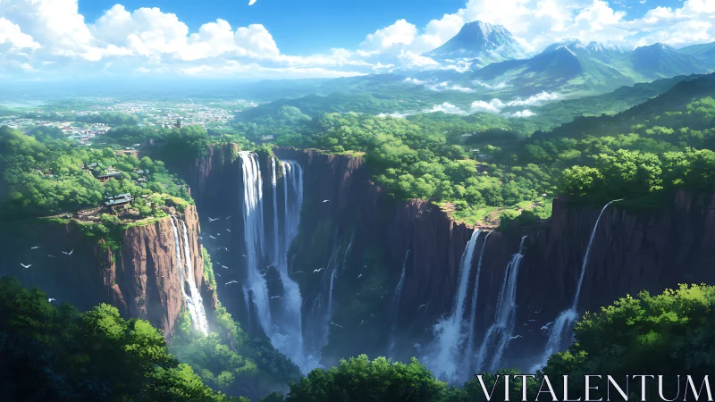 Verdant canyon waterfalls below distant volcanic highlands.