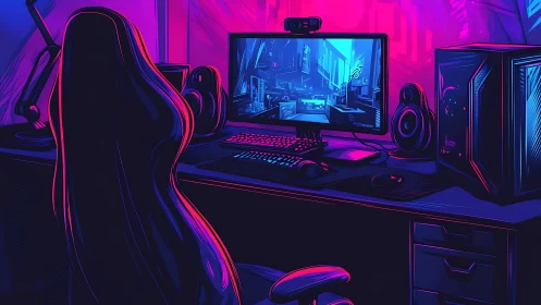 Neon-lit command chair waits quietly before the cyber arena