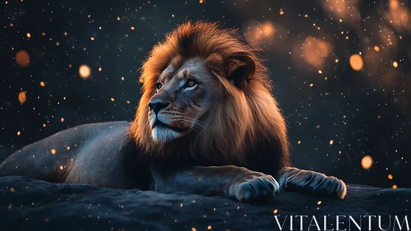 Starlit embers drift while a midnight lion quietly rules