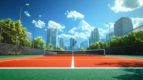 Urban rooftop tennis court in high-saturation daylight render.