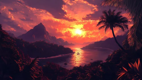 Sunset illuminates tropical bay with layered mountainous coastline
