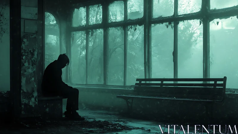 Solitary figure in derelict interior by misted windows.