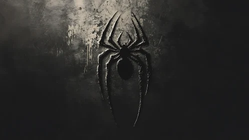 Dark metallic spider emblem on textured black surface.