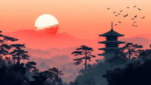Sunset pagoda silhouette overlooks misty conifer valleys