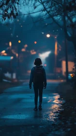 Silhouetted child with backpack on wet evening street.