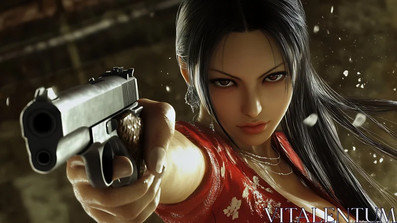 Fearless heroine locking eyes with you in bold focus.