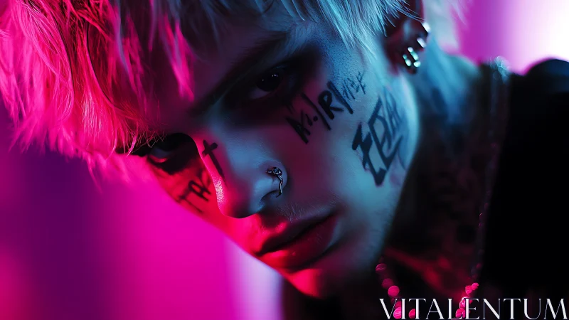 Neon-lit cyberpunk portrait of pierced youth with face script