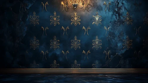 Dark blue wall with gold damask pattern and wall sconce.