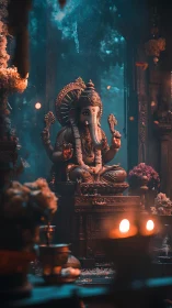 Cinematic Ganesha shrine rendered in moody digital chiaroscuro