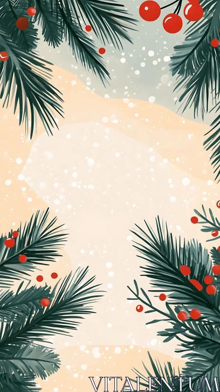 Vertical winter border with pine branches and red berries.