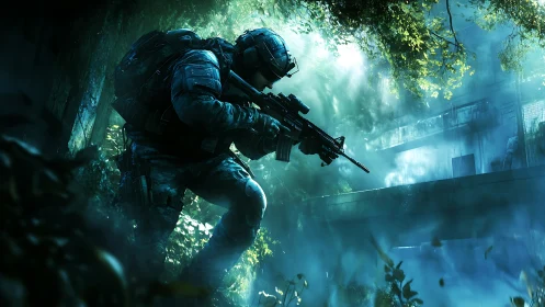 Ghost recon stalker in overgrown neon jungle ruins.