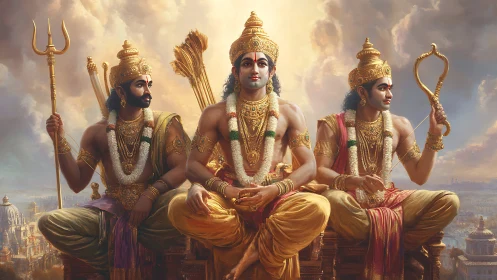 Divine warrior trio seated above luminous ancient city.