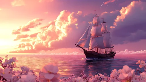 Sunlit petals applaud a twilight ship sailing through pink seas