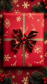 Photorealistic red gift box with gold snowflake pattern wrap.