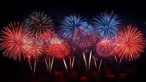 Red and blue fireworks exploding against a dark night sky