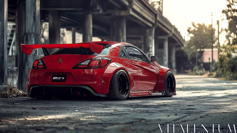 Widebody red tuner coupe under urban overpass, rear three-quarter