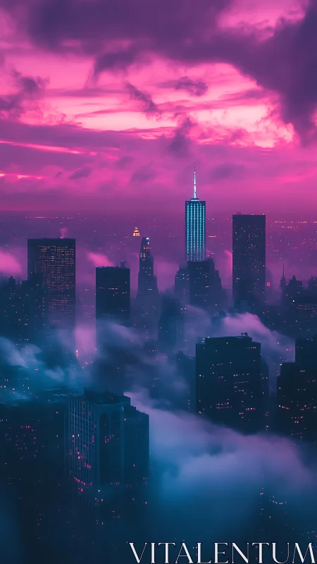 Vertical cityscape shows fog-covered towers at dusk