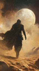 Lone duskwalker strides toward a swollen lunar horizon.