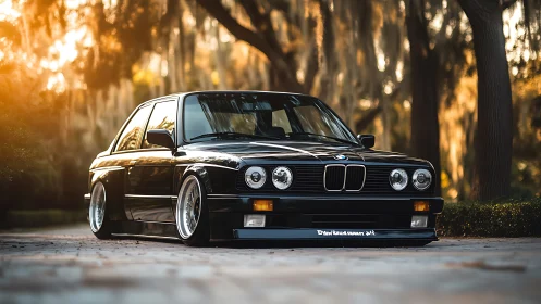 Lowered classic BMW E30 sedan with stance setup in warm bokeh light