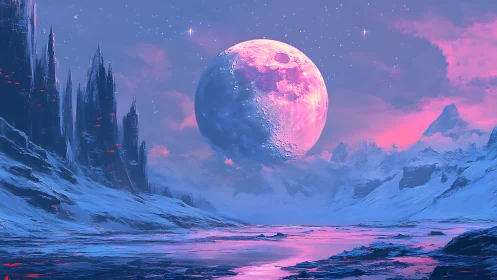 Moonrise pours neon frostlight across alien glaciers