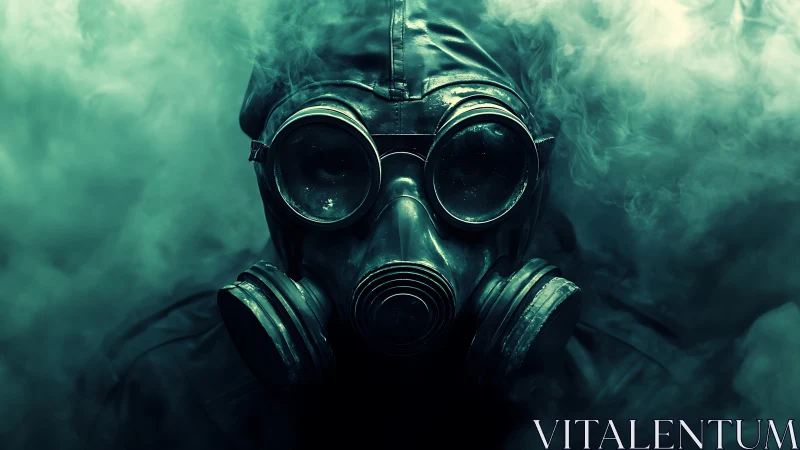 Person in gas mask surrounded by dense green smoke.