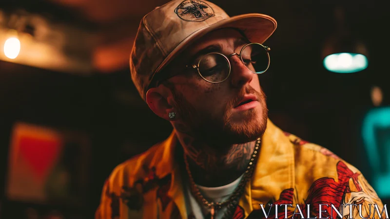Warm-lit portrait of a tattooed man in a bold shirt.