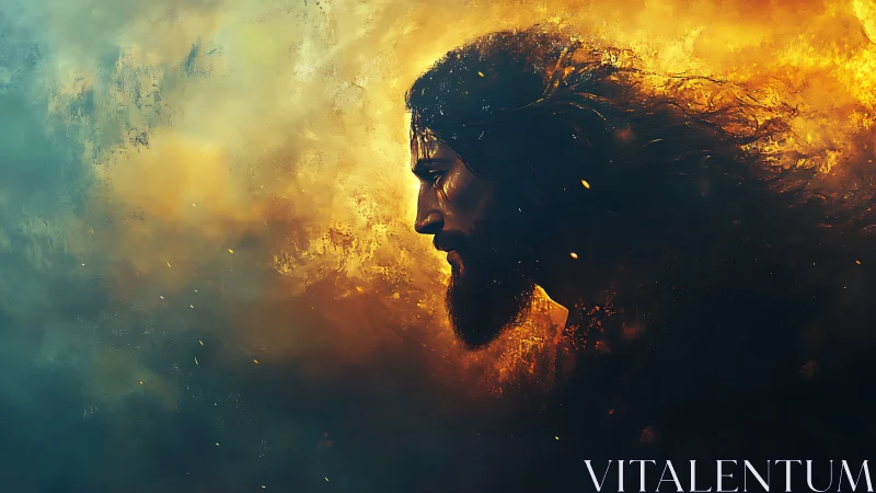Profile view shows bearded male figure in dense fiery haze