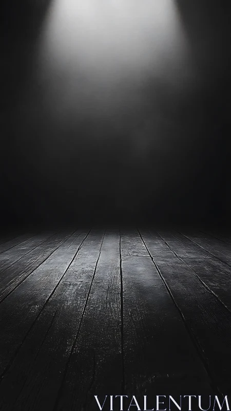 Colimated spotlight over textured black wooden stage plane.