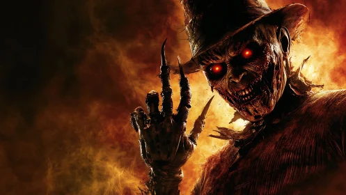 Burning-eyed scarecrow ghoul with bladed hand in fiery haze