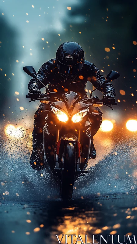 Roaring motorcycle rider carves a luminous path through rain