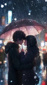 Rain-drenched city quietly crowns two lovers beneath red umbrella