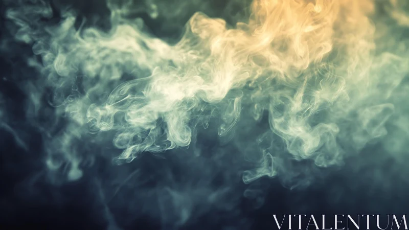 Abstract swirling smoke in blue and gold hues, soft focus digital art.