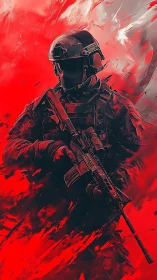 Armored assault soldier rendered in high-contrast red digital painting