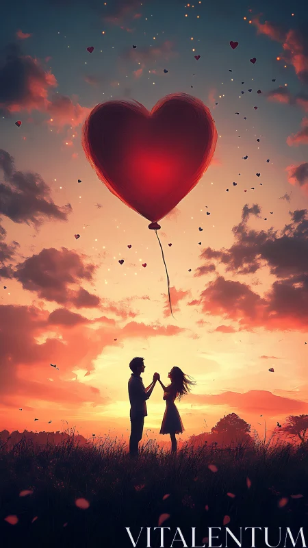 A Couple Beneath Love's Glowing Heart Balloon at Sunset
