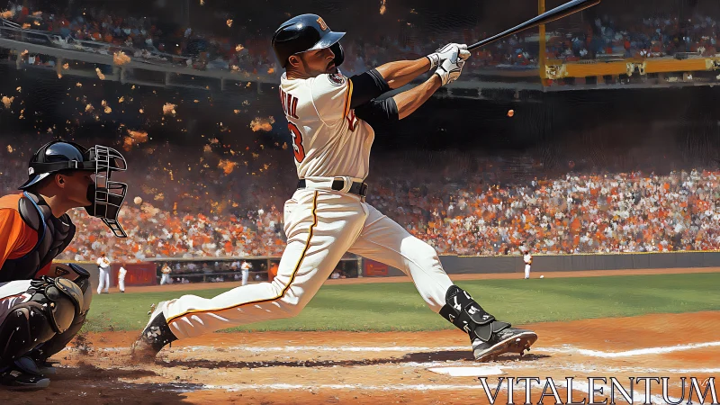 Thunderclap swing ignites dusty fireworks over packed stadium.