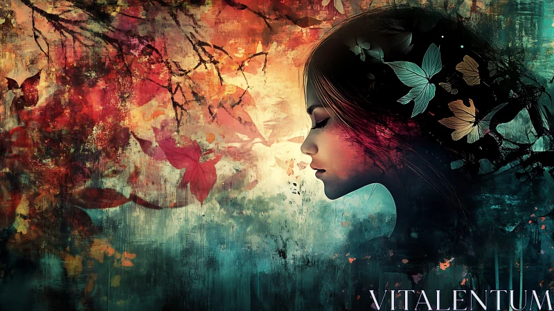 Profile silhouette merges with abstract foliage and butterflies