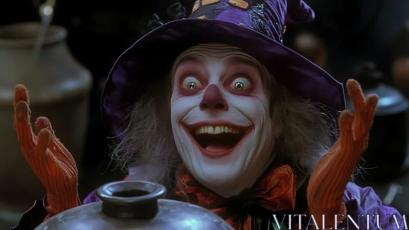 Expressive clown wizard portrait with theatrical makeup and costume