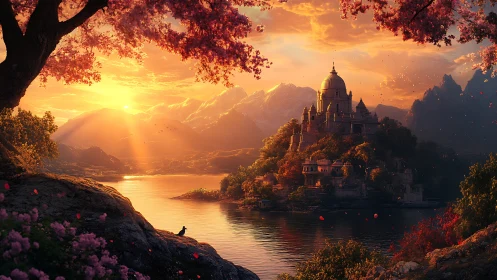 Golden sunset bathes a lakeside fantasy palace in soft light