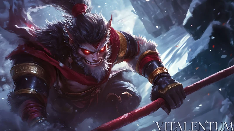 Armored demon simian warrior with staff in icy mountain ambush