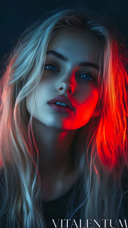 Portrait shows young woman in blue and red dramatic lighting
