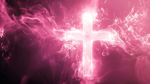 Luminescent plasma cross emerging from turbulent magenta vapor.