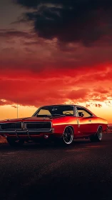 Vintage red muscle car on open road at dramatic sunset.