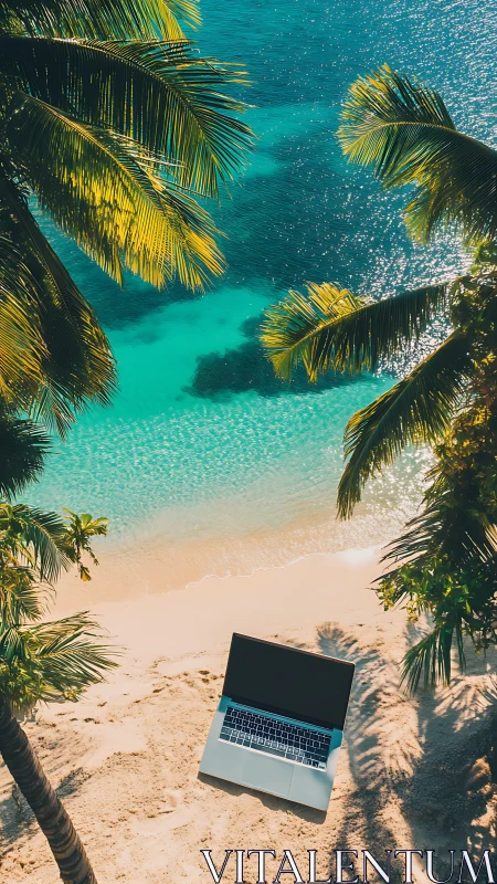 Laptop on tropical beach with turquoise ocean and palm fronds.